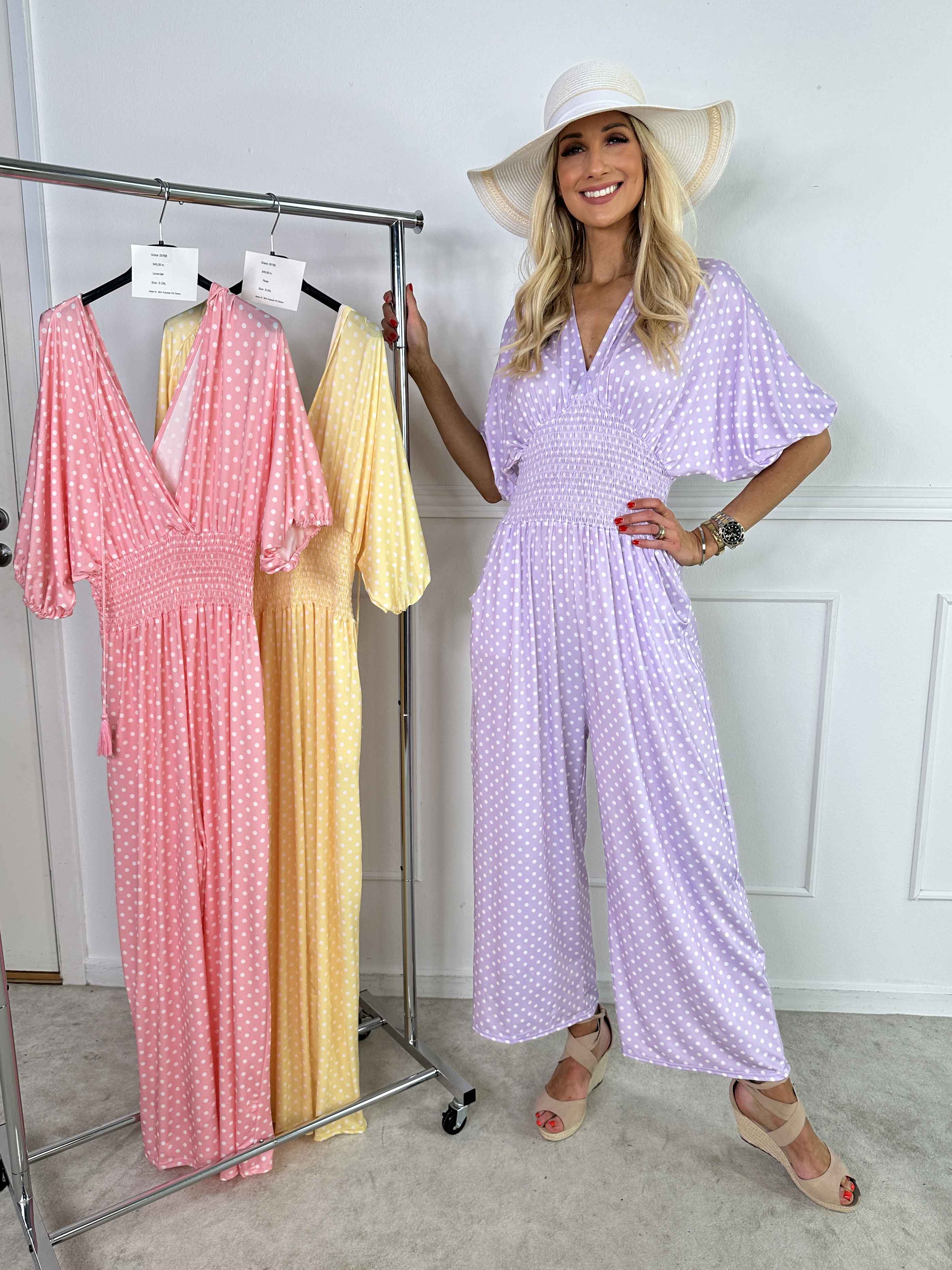 Grace - Buksedragt i elastisk stof med hvide prikker